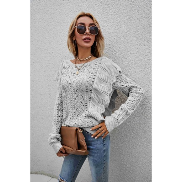 Openwork Round Neck Ruffled Sweater - Picture 7 of 16